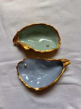 Oyster Shell Trinket Dishes - Blue & Mint with Gold Trim - Set of 2